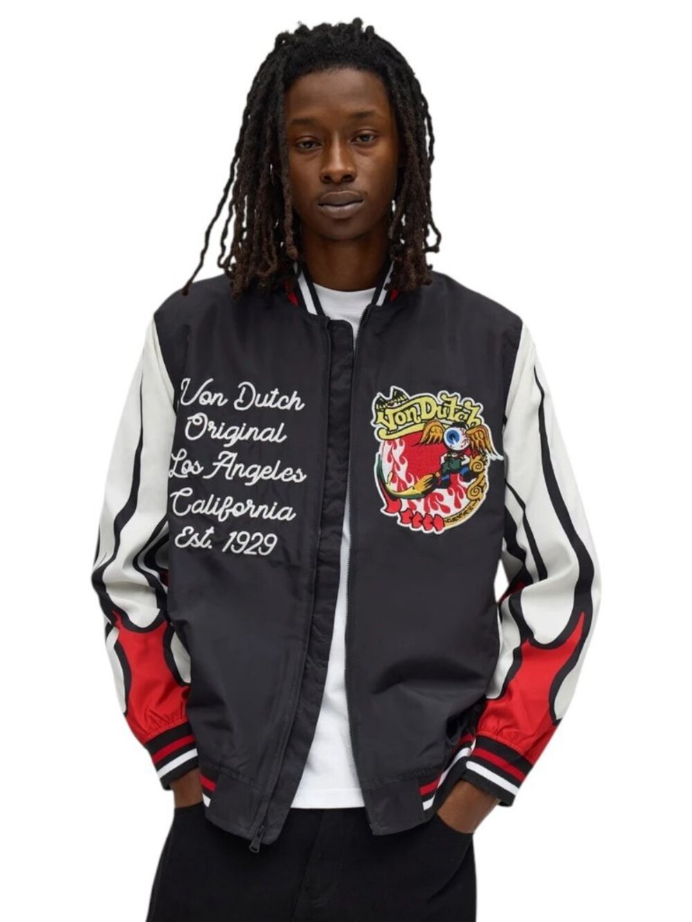 Von Dutch Bomber Jacket Taslon Flame Print Varsity Black Men's - NEW